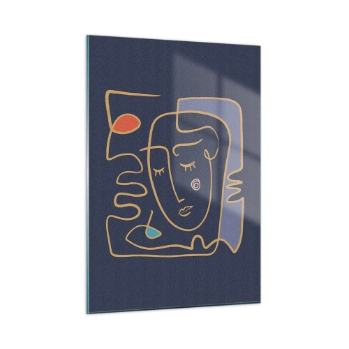 Cuadro sobre vidrio - Impresiones sobre Vidrio - Rostro abstracto delineado sobre un fondo azul marino - 50x70cm - En un maravilloso sueño - Decoración de pared moderna para salón y dormitorio ARTTOR
