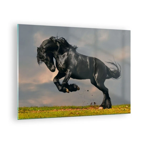 Cuadro sobre vidrio - Impresiones sobre Vidrio - Un caballo oscuro en un salto dinámico contra un cielo nublado. - 70x50cm - Hermoso y libre - Decoración de pared moderna para salón y dormitorio ARTTOR