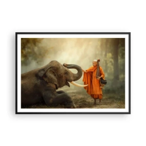 Póster en marco negro - Un monje y un elefante en armonía con la naturaleza como telón de fondo. - 100x70cm - Un encuentro en un viaje - Decoración de pared moderna para salón y dormitorio ARTTOR