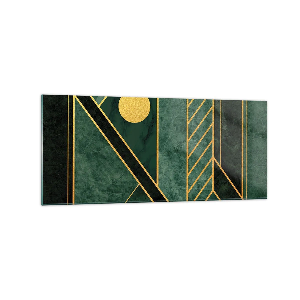 Cuadro sobre vidrio - Impresiones sobre Vidrio - Diseño geométrico verde y dorado con un patrón elegante. - 120x50cm - La dinámica del oro y el azul - Decoración de pared moderna para salón y dormitorio ARTTOR