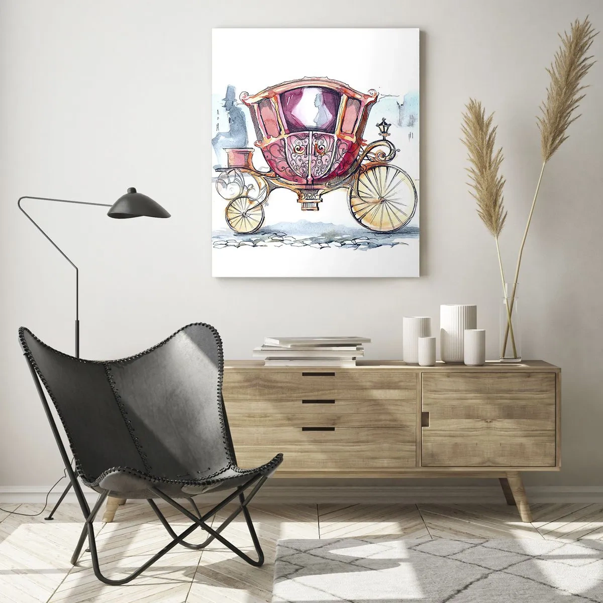 Cuadro sobre vidrio - Impresiones sobre Vidrio - Un elegante carruaje de estilo acuarela sobre un fondo de calle. - 50x70cm - ¿A la boda o al baile? - Decoración de pared moderna para salón y dormitorio ARTTOR