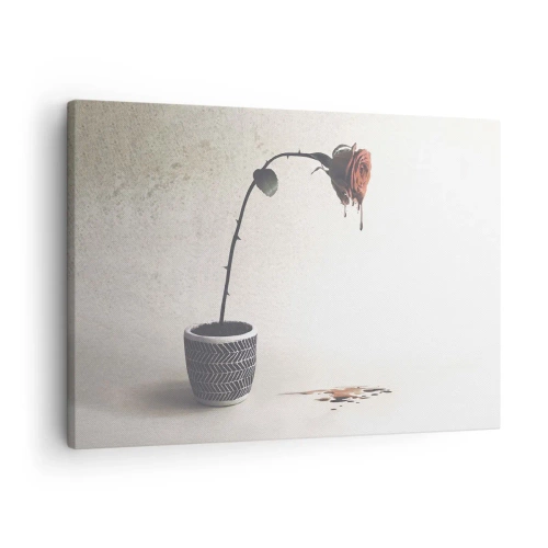 Cuadro sobre lienzo - Impresión de Imagen - Una rosa roja en una maceta con gotas de tinte sobre un fondo blanco. - 70x50cm - Rosa dolorosa - Decoración de pared moderna para salón y dormitorio ARTTOR