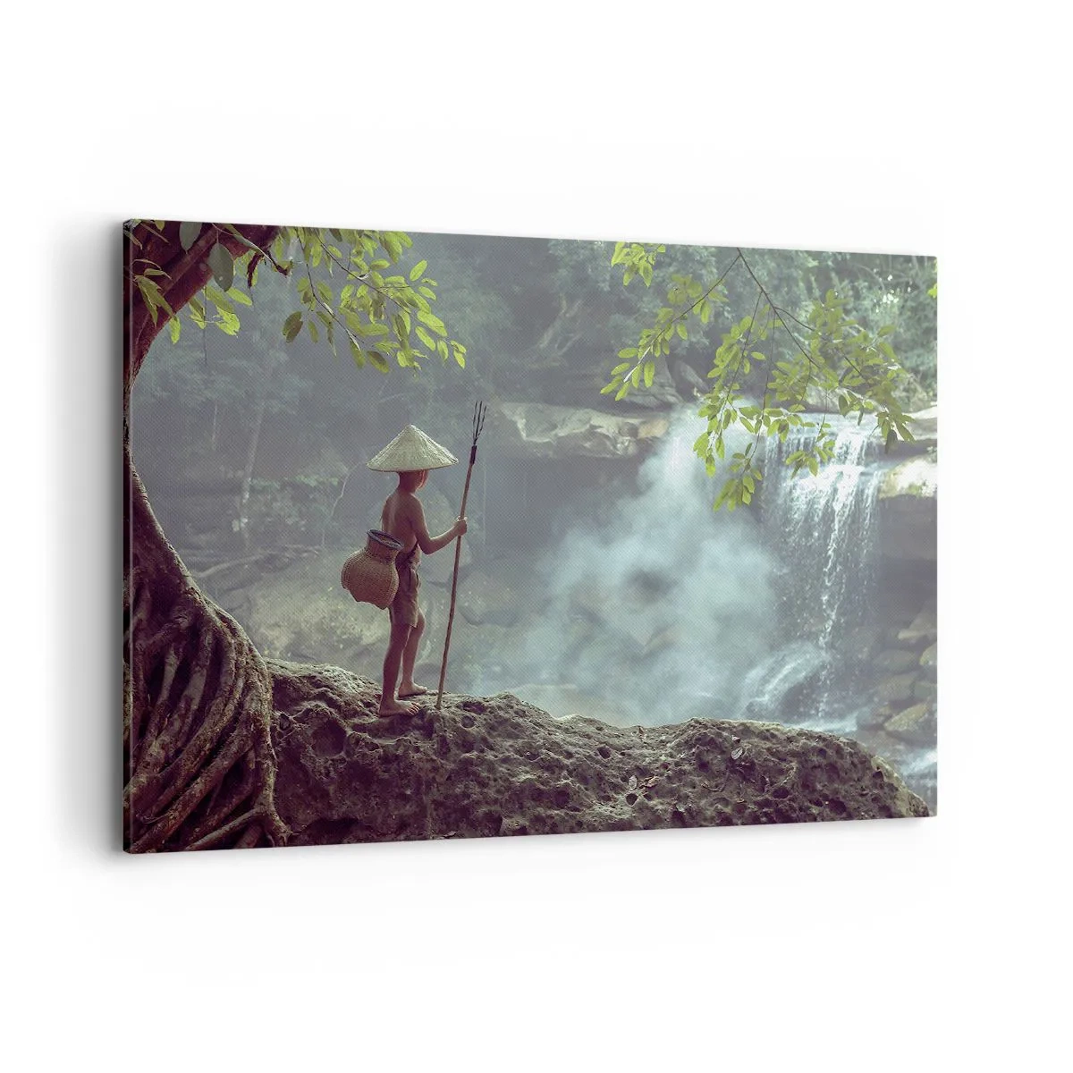 Cuadro sobre lienzo - Impresión de Imagen - Una figura con una lanza en una cascada en un bosque tropical. - 100x70cm - Amistad con la naturaleza - Decoración de pared moderna para salón y dormitorio ARTTOR