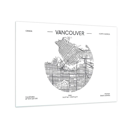 Cuadro sobre vidrio - Impresiones sobre Vidrio - Mapa callejero en blanco y negro de Vancouver - 70x50cm - Anatomía de Vancouver - Decoración de pared moderna para salón y dormitorio ARTTOR