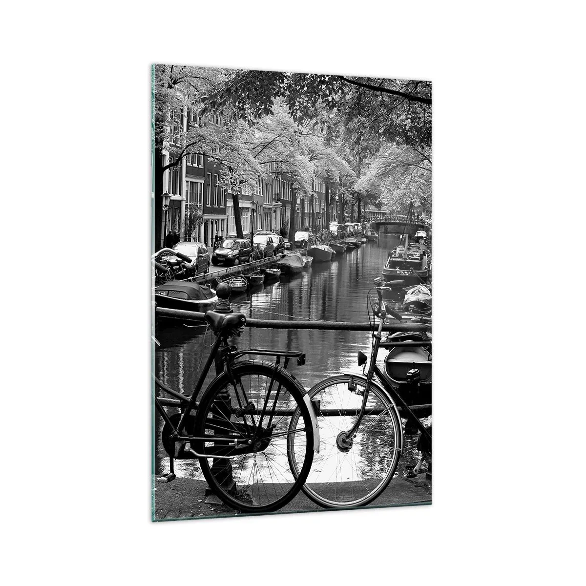Cuadro sobre vidrio - Impresiones sobre Vidrio - Canal con bicicletas en fotografía en blanco y negro - 70x100cm - Una visión muy holandesa - Decoración de pared moderna para salón y dormitorio ARTTOR