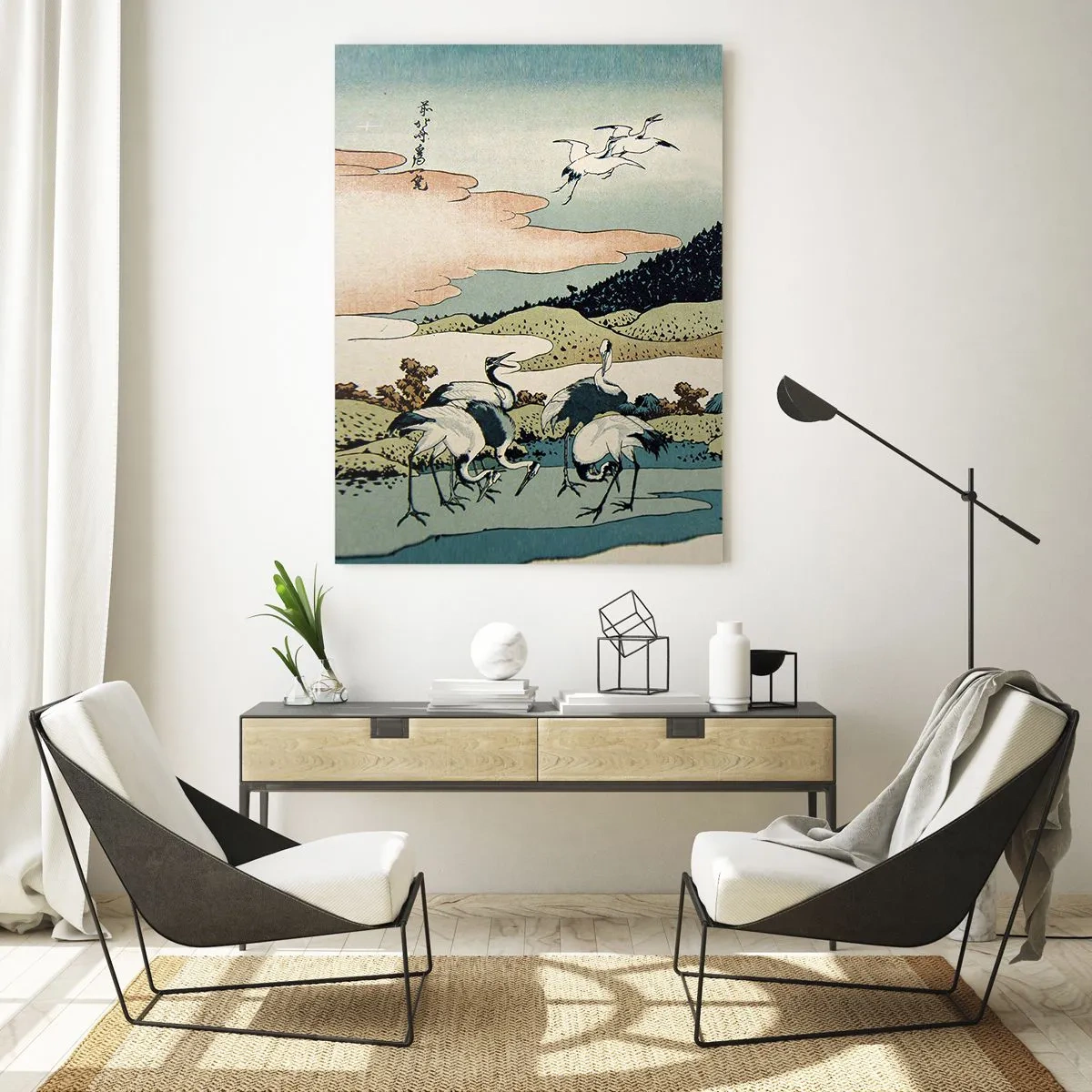 Cuadro sobre vidrio - Impresiones sobre Vidrio - Una pintura de pájaros en un paisaje japonés con vistas al monte Fuji. - 50x70cm - Alma japonesa - Decoración de pared moderna para salón y dormitorio ARTTOR