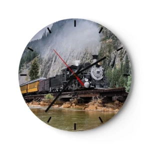 Reloj de pared - Reloj de vidrio - Una locomotora de vapor en un puente en un paisaje montañoso sobre un río. - 30x30cm - ¿Adónde me llevas? - Decoración de pared moderna para salón, cocina y dormitorio ARTTOR