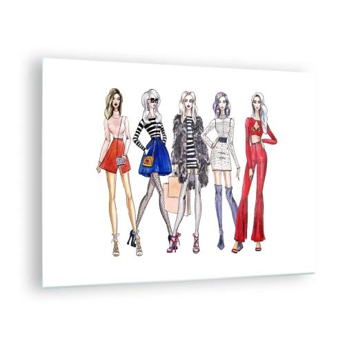 Cuadro sobre vidrio - Impresiones sobre Vidrio - Personajes de moda con atuendos elegantes en la ilustración. - 70x50cm - Every week Fashion Week - Decoración de pared moderna para salón y dormitorio ARTTOR
