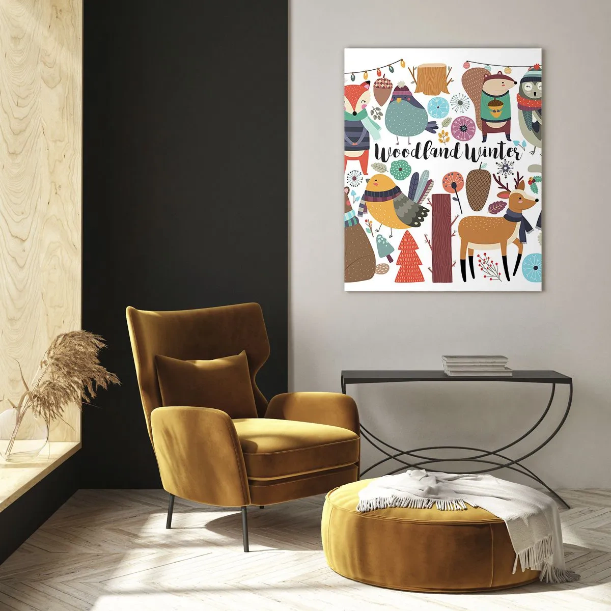 Cuadro sobre vidrio - Impresiones sobre Vidrio - Bosque invernal con lindos animales en la ilustración - 50x70cm - Una Navidad de cuento en el bosque - Decoración de pared moderna para salón y dormitorio ARTTOR