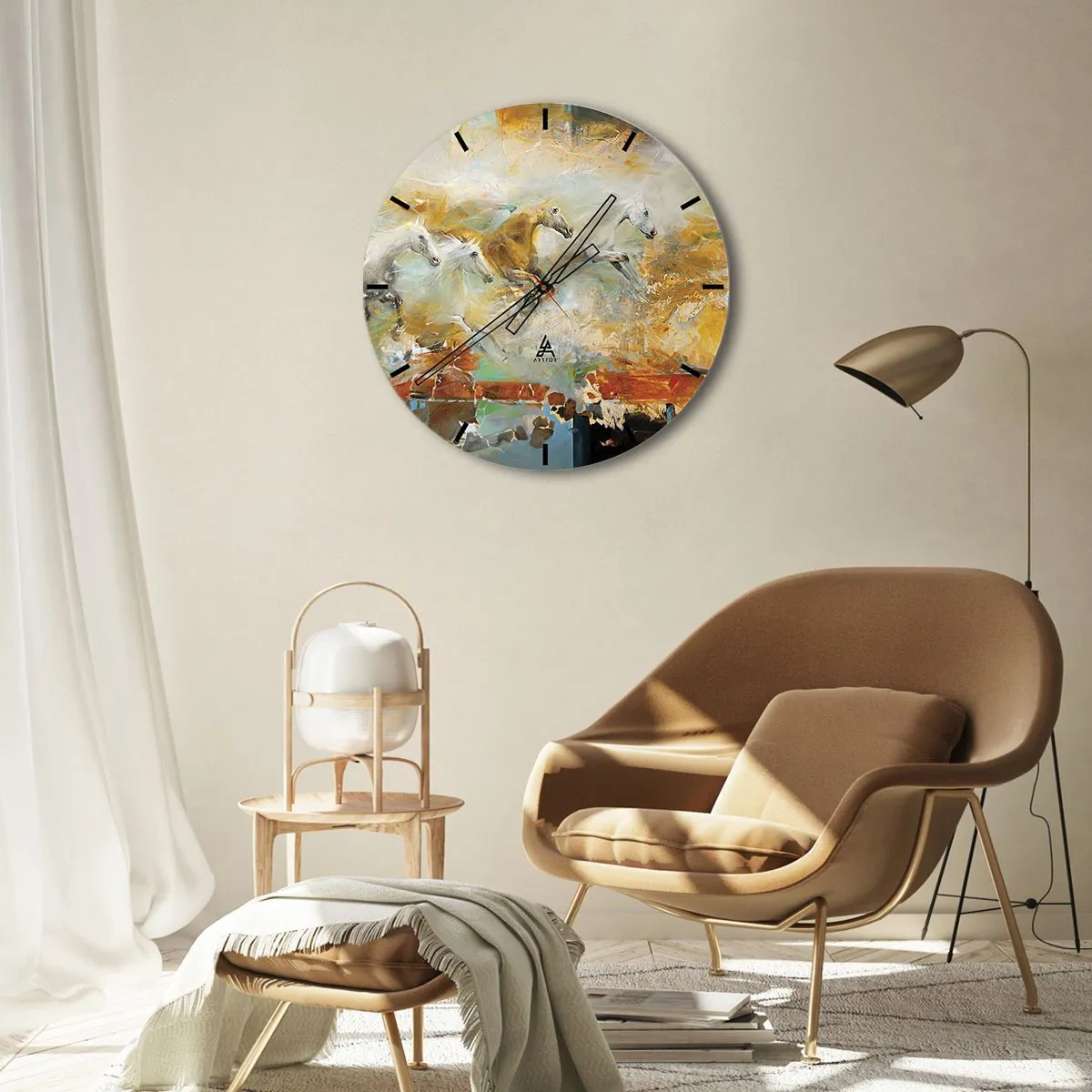 Reloj de pared - Reloj de vidrio - Caballos abstractos en movimiento dinámico - 30x30cm - Galopando a través de la luz - Decoración de pared moderna para salón, cocina y dormitorio ARTTOR