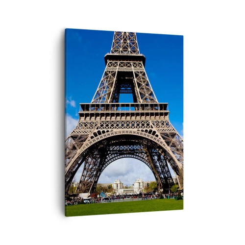 Cuadro sobre lienzo - Impresión de Imagen - La Torre Eiffel con el cielo azul y un parque verde como fondo. - 50x70cm - Todo París a sus pies - Decoración de pared moderna para salón y dormitorio ARTTOR