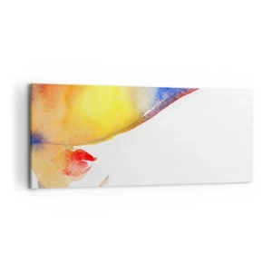 Cuadro sobre lienzo - Impresión de Imagen - Una pintura de acuarela minimalista del perfil de una mujer con un sombrero colorido. - 120x50cm - Retrato de una dama    - Decoración de pared moderna para salón y dormitorio ARTTOR