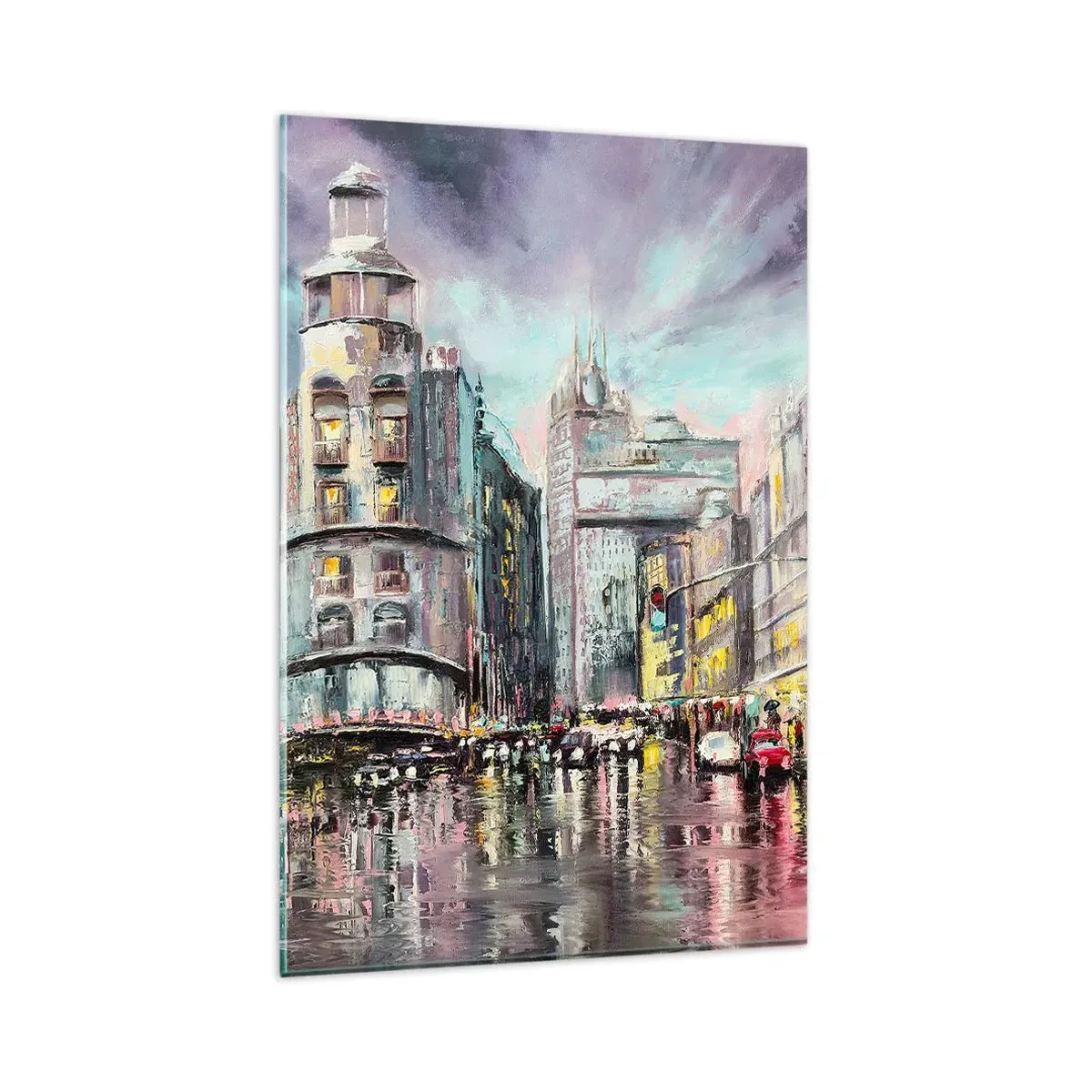 Cuadro sobre vidrio - Impresiones sobre Vidrio - Vista nocturna de la ciudad con reflejos en la calle mojada. - 80x120cm - Va a ser una buena noche - Decoración de pared moderna para salón y dormitorio ARTTOR