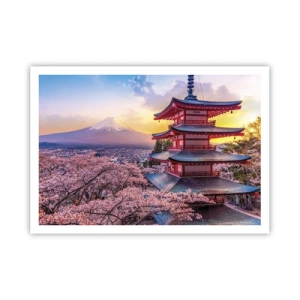 Póster - Una pagoda en Japón con flores de cerezo y el monte Fuji. - 100x70cm - La esencia del espíritu japonés - Decoración de pared moderna para salón y dormitorio ARTTOR