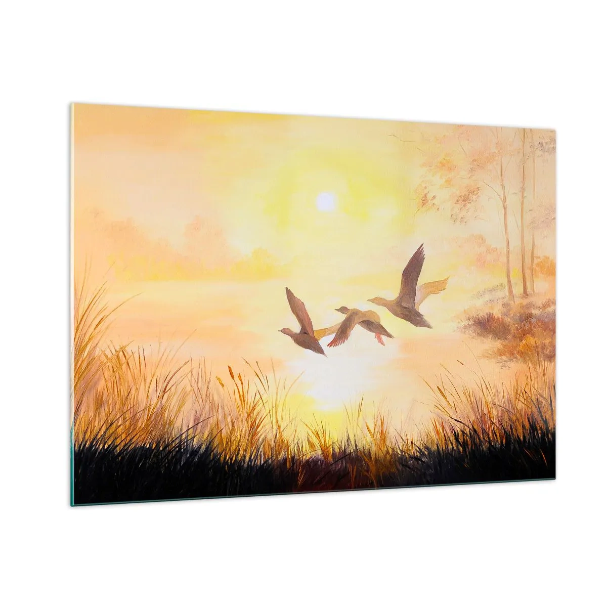 Cuadro sobre vidrio - Impresiones sobre Vidrio - Tres patos volando sobre un lago al amanecer - 100x70cm - El comienzo de un largo viaje - Decoración de pared moderna para salón y dormitorio ARTTOR