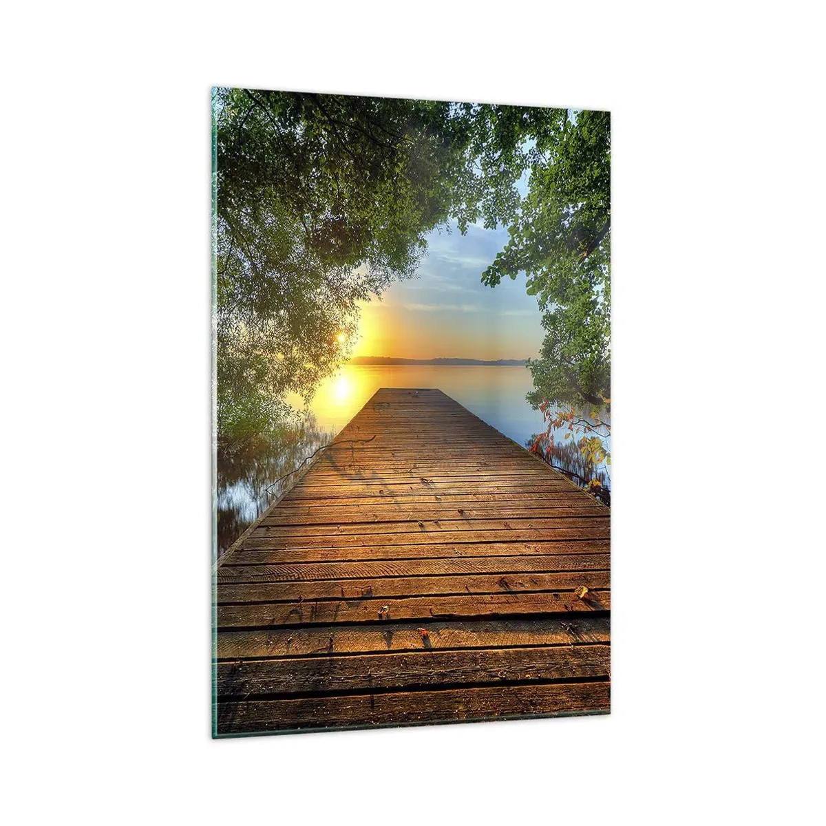 Cuadro sobre vidrio - Impresiones sobre Vidrio - Un muelle de madera rodeado de vegetación durante la puesta de sol. - 80x120cm - Tómate tu tiempo, siéntate - Decoración de pared moderna para salón y dormitorio ARTTOR