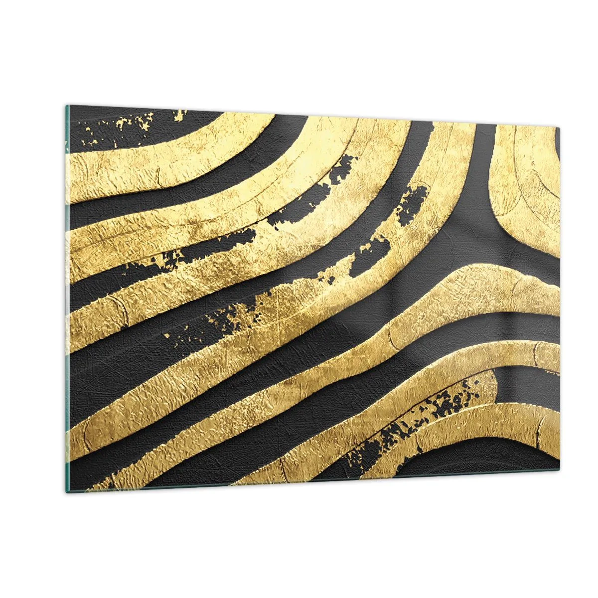 Cuadro sobre vidrio - Impresiones sobre Vidrio - Líneas abstractas doradas sobre un fondo negro en un estilo glamoroso. - 120x80cm - Todo fluye - Decoración de pared moderna para salón y dormitorio ARTTOR