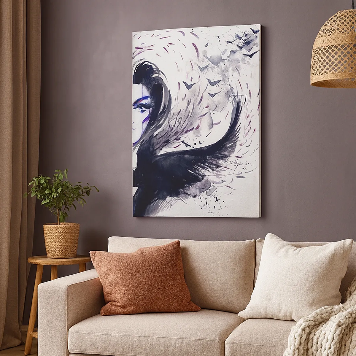Cuadro sobre lienzo - Impresión de Imagen - Rostro abstracto con elementos contrastantes y motivo de ala. - 50x70cm - Demoníaca y hermosa - Decoración de pared moderna para salón y dormitorio ARTTOR
