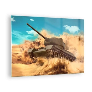 Cuadro sobre vidrio - Impresiones sobre Vidrio - Un tanque en movimiento en un desierto con polvo volando y un cielo brillante. - 70x50cm - Inmejorable - Decoración de pared moderna para salón y dormitorio ARTTOR