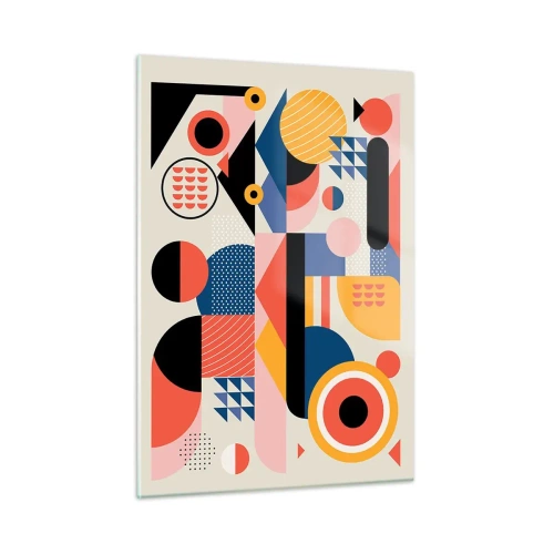 Cuadro sobre vidrio - Impresiones sobre Vidrio - Abstracción geométrica colorida con círculos y triángulos. - 50x70cm - Composición: juegos - Decoración de pared moderna para salón y dormitorio ARTTOR