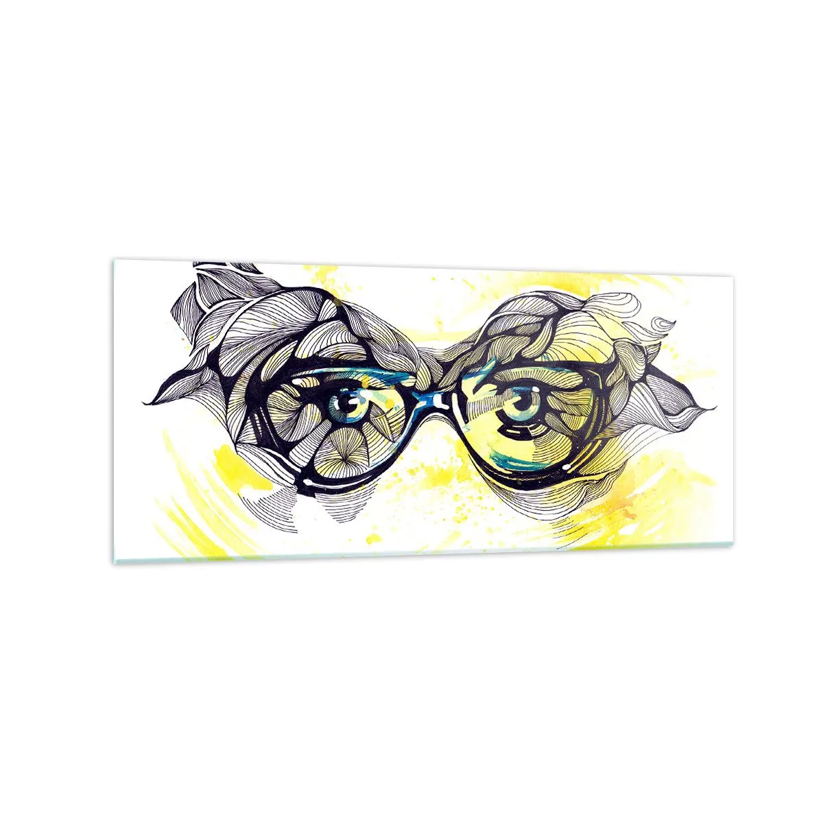 Cuadro sobre vidrio - Impresiones sobre Vidrio - Gráficos artísticos de gafas con ojos expresivos. - 120x50cm - A través de las gafas azules - Decoración de pared moderna para salón y dormitorio ARTTOR