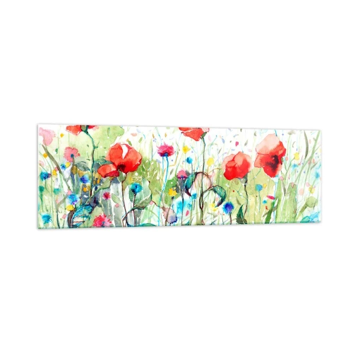 Cuadro sobre vidrio - Impresiones sobre Vidrio - Un prado con amapolas rojas y flores de colores en acuarela. - 160x50cm - Un prado en flor en mayo - Decoración de pared moderna para salón y dormitorio ARTTOR