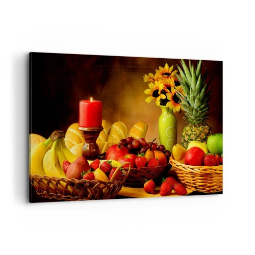 Cuadro sobre lienzo - Impresión de Imagen - Bodegón con fruta, pan, vela y flores. - 120x80cm - Bodegón con pan y fruta - Decoración de pared moderna para salón y dormitorio ARTTOR