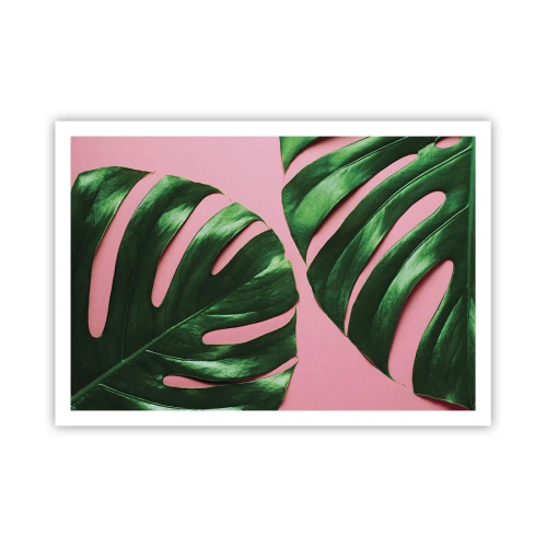 Póster - Hojas de monstera verde sobre un fondo rosa - 100x70cm - Cita con el verde - Decoración de pared moderna para salón y dormitorio ARTTOR