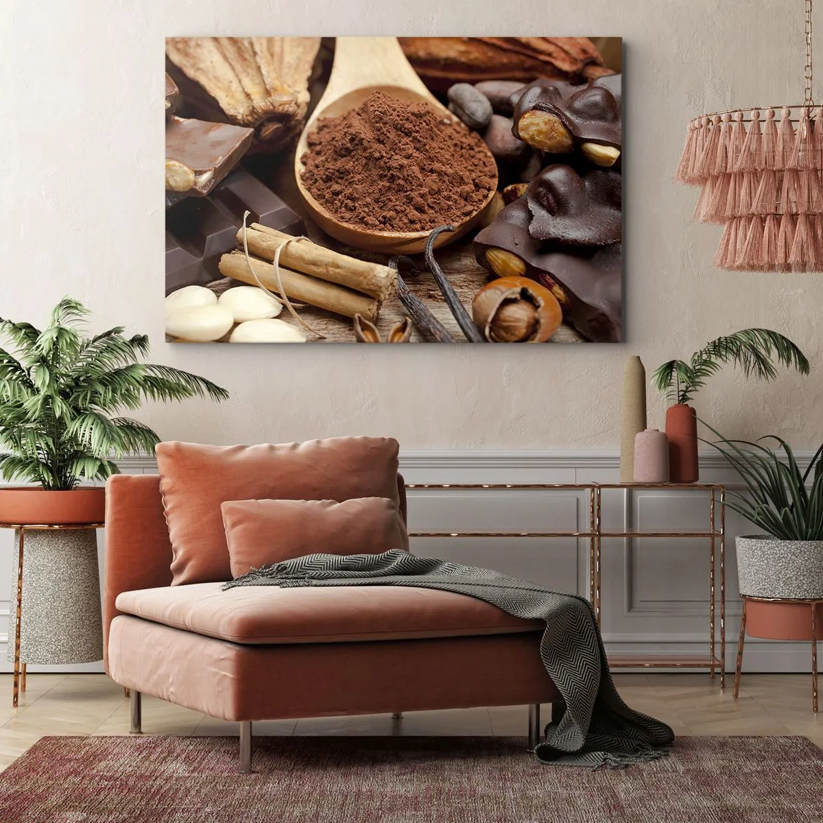 Cuadro sobre lienzo - Impresión de Imagen - Una cucharada de ingredientes de cacao y chocolate en un arreglo rústico. - 70x50cm - Lo mejor para las penas - Decoración de pared moderna para salón y dormitorio ARTTOR
