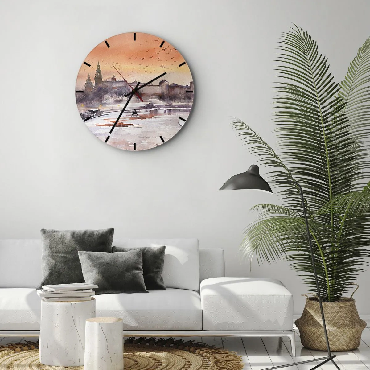 Reloj de pared - Reloj de vidrio - Puesta de sol sobre el castillo con el río y pájaros en el cielo. - 30x30cm - Atardecer real - Decoración de pared moderna para salón, cocina y dormitorio ARTTOR