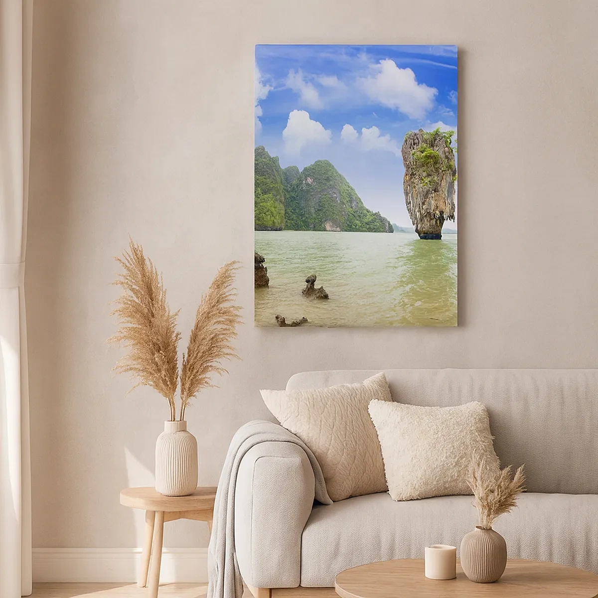 Cuadro sobre lienzo - Impresión de Imagen - Una formación rocosa exótica rodeada de agua y vegetación bajo un cielo azul. - 50x70cm - Las maravillas rocosas de la naturaleza - Decoración de pared moderna para salón y dormitorio ARTTOR