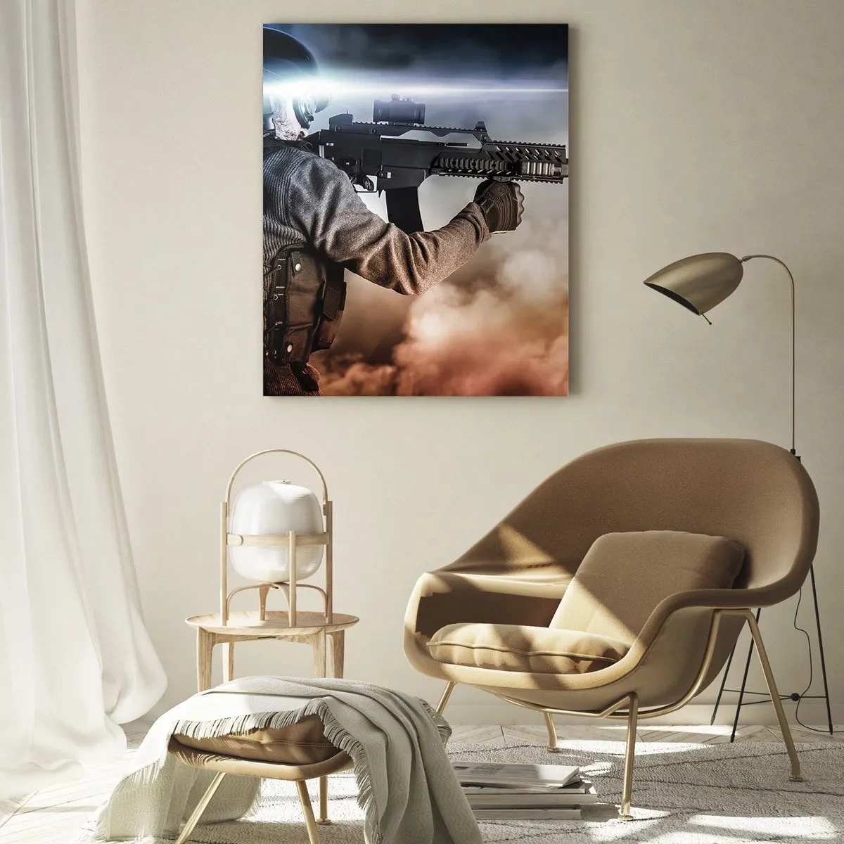 Cuadro sobre vidrio - Impresiones sobre Vidrio - Un soldado en acción con un rifle contra un fondo de nubes y luz. - 70x100cm - Luchador - Decoración de pared moderna para salón y dormitorio ARTTOR