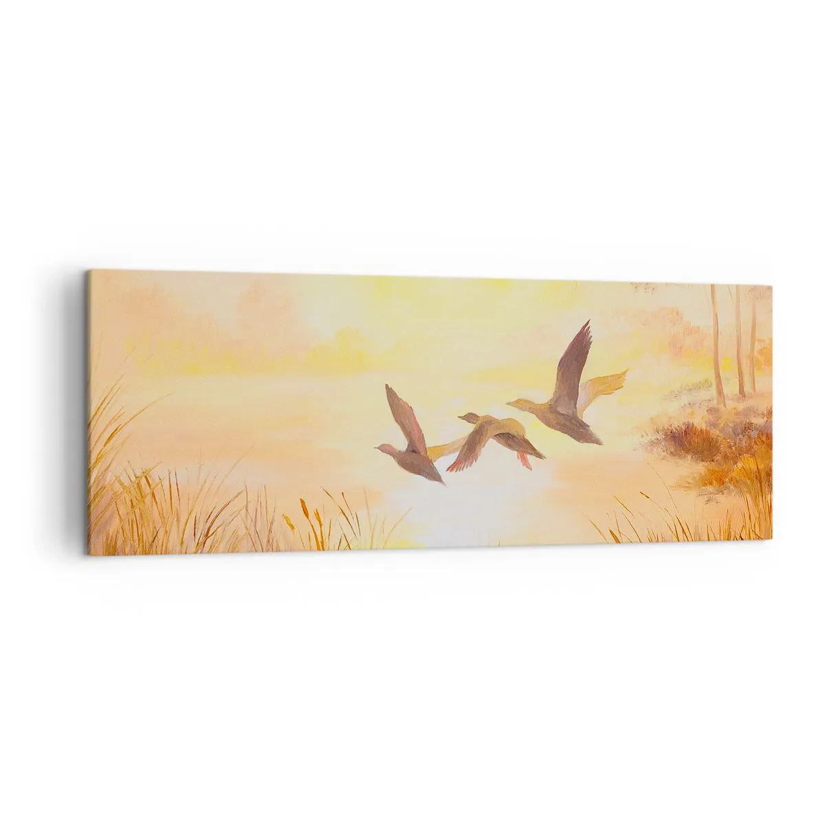 Cuadro sobre lienzo - Impresión de Imagen - Patos volando al amanecer sobre el lago - 140x50cm - El comienzo de un largo viaje - Decoración de pared moderna para salón y dormitorio ARTTOR