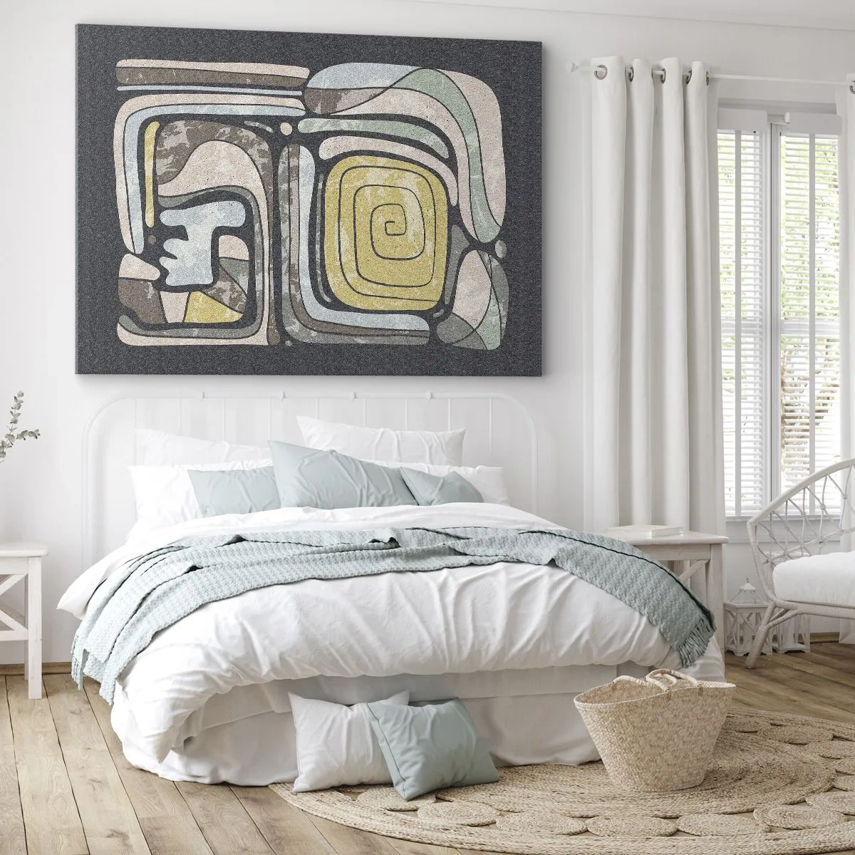 Cuadro sobre lienzo - Impresión de Imagen - Patrones precolombinos en colores pastel sobre un fondo oscuro - 100x70cm - Abstracción con espíritu precolombino - Decoración de pared moderna para salón y dormitorio ARTTOR