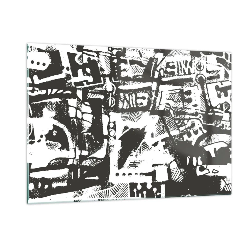 Cuadro sobre vidrio - Impresiones sobre Vidrio - Abstracción en blanco y negro con motivos geométricos y técnicos. - 120x80cm - ¿Orden o caos? - Decoración de pared moderna para salón y dormitorio ARTTOR