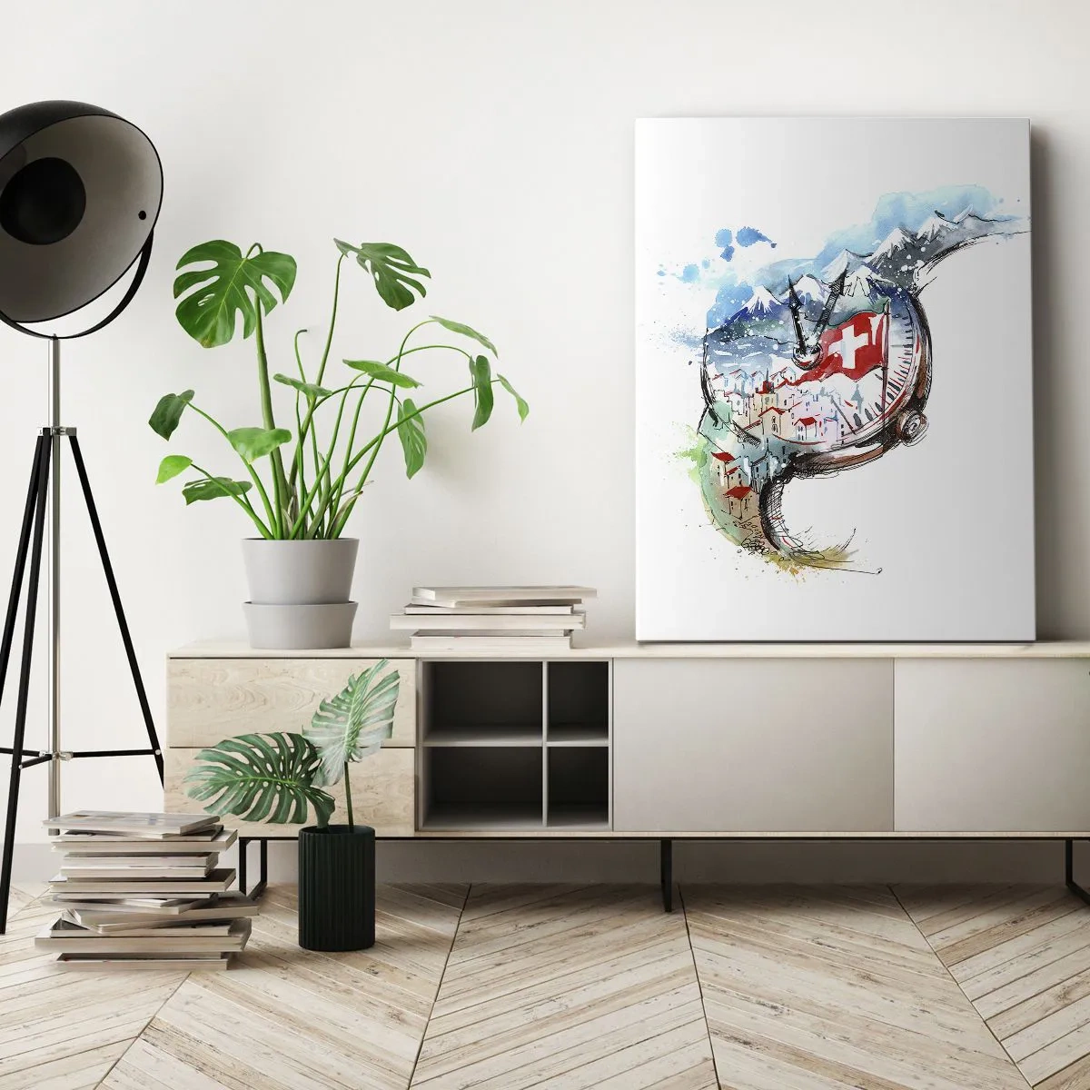 Cuadro sobre lienzo - Impresión de Imagen - Un paisaje de acuarela de Suiza con un diseño de relojería. - 50x70cm - El espíritu de Suiza - Decoración de pared moderna para salón y dormitorio ARTTOR