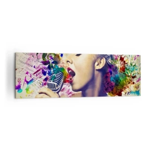 Cuadro sobre lienzo - Impresión de Imagen - Retrato artístico de una mujer cantando con efectos coloridos. - 160x50cm - Pinta el mundo con tu voz - Decoración de pared moderna para salón y dormitorio ARTTOR