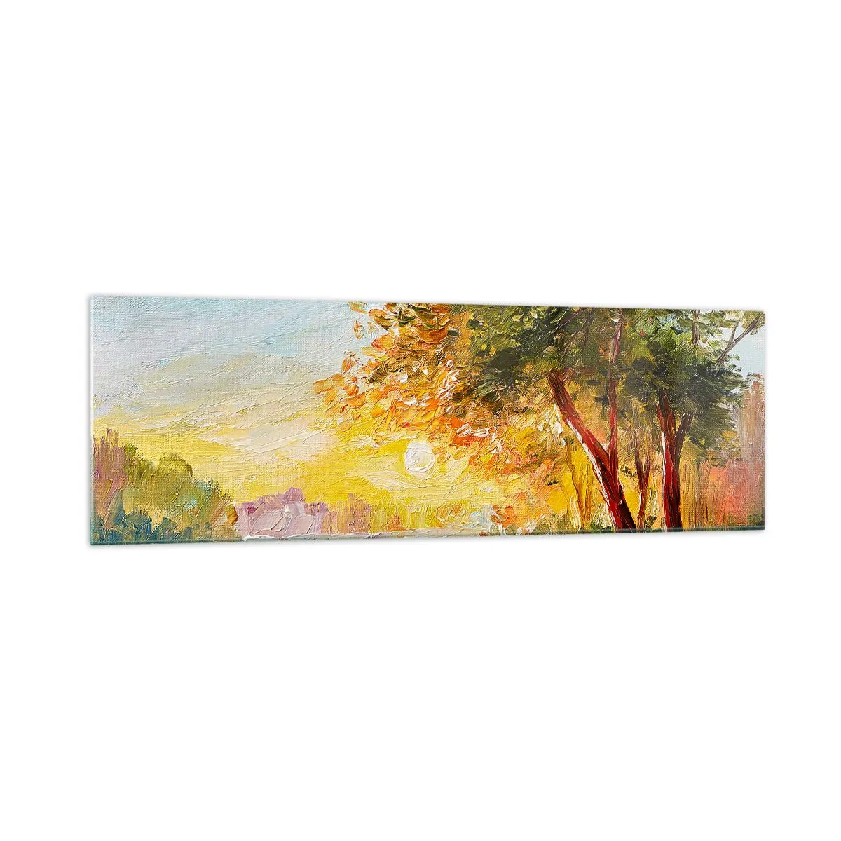 Cuadro sobre vidrio - Impresiones sobre Vidrio - Un paisaje pintoresco con un río y árboles al atardecer. - 160x50cm - Ensueño - Decoración de pared moderna para salón y dormitorio ARTTOR