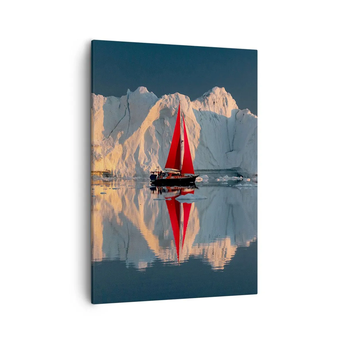 Cuadro sobre lienzo - Impresión de Imagen - Un velero con una vela roja con el fondo de un glaciar. - 50x70cm - En el límite del mundo - Decoración de pared moderna para salón y dormitorio ARTTOR