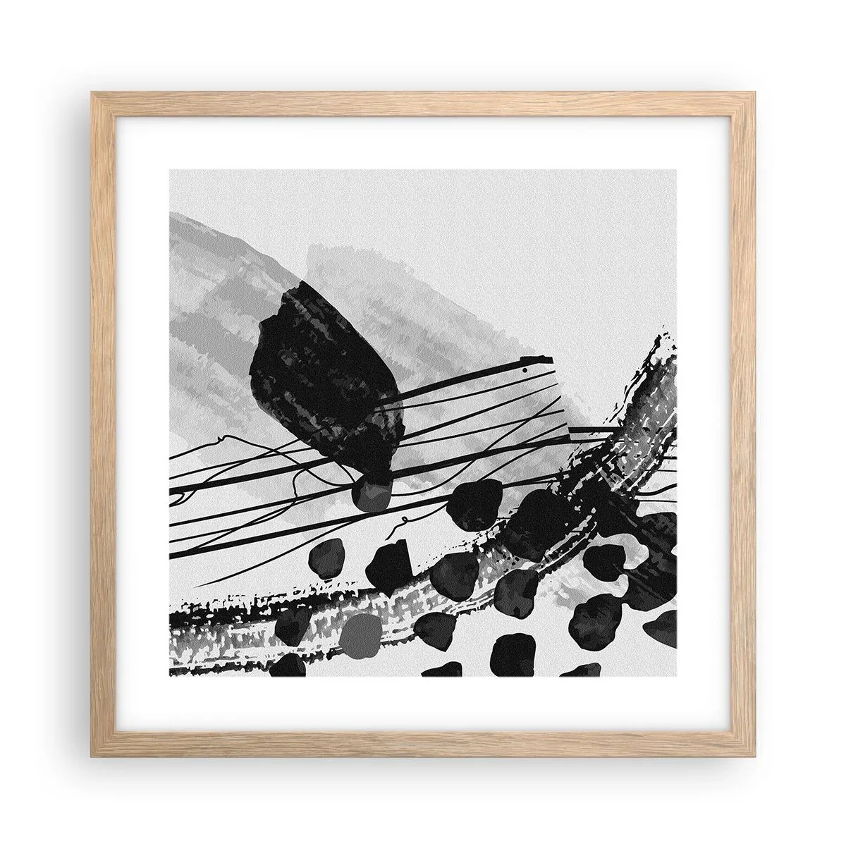 Póster en marco roble claro - Abstracción orgánica en blanco y negro - 40x40 cm