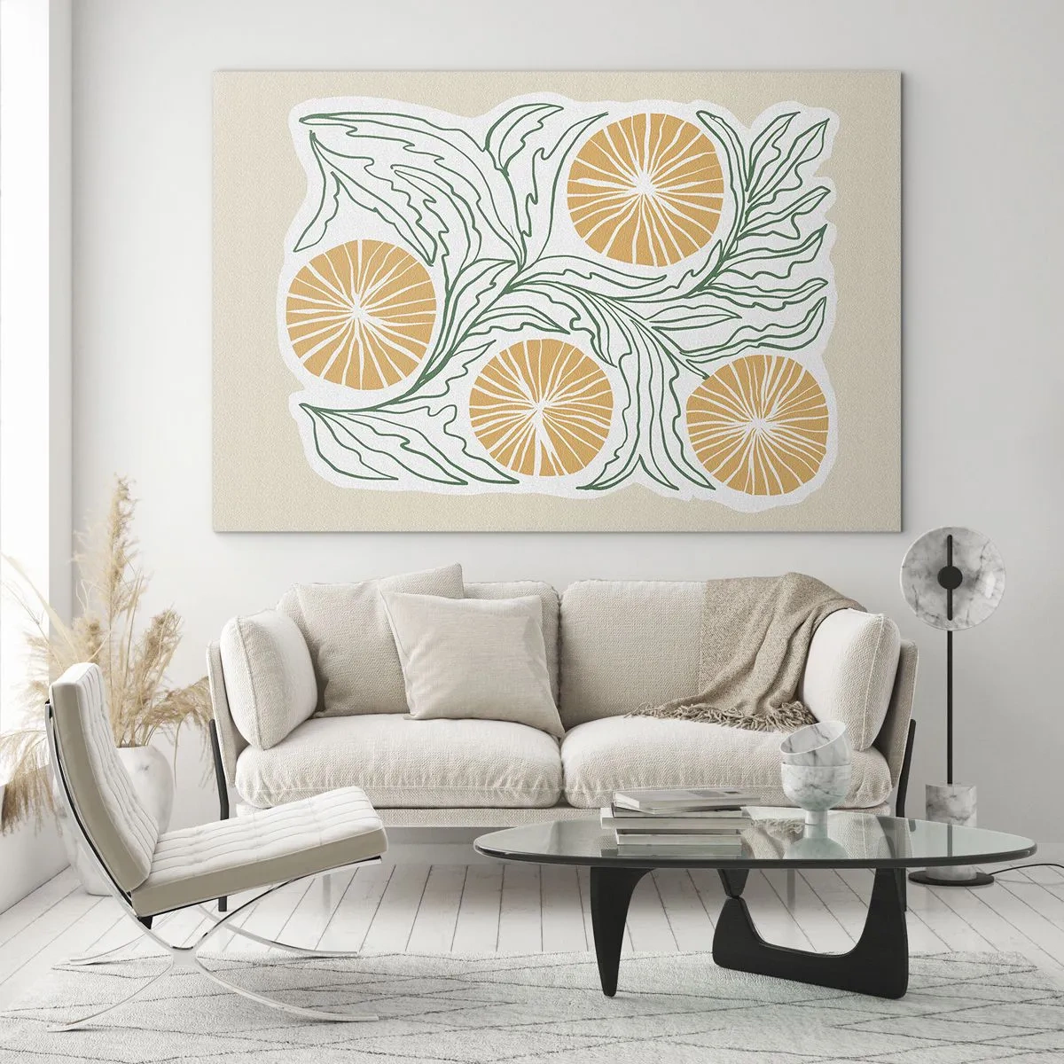 Cuadro sobre vidrio - Impresiones sobre Vidrio - Frutos anaranjados y hojas verdes en una composición gráfica. - 100x70cm - Étnico con un toque de abstracción - Decoración de pared moderna para salón y dormitorio ARTTOR