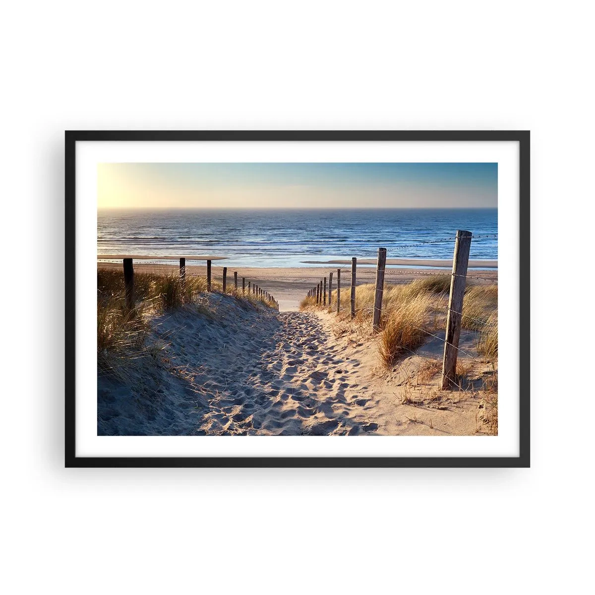 Póster en marco negro - Camino a través de las dunas que conduce a la playa. - 70x50cm - El sonido del mar, el canto de los pájaros, una playa virgen entre las dunas... - Decoración de pared moderna para salón y dormitorio ARTTOR