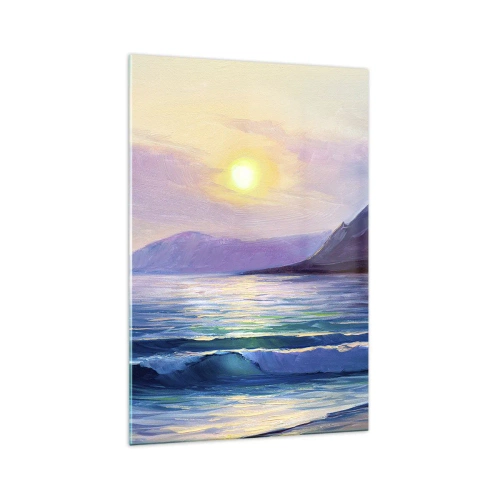 Cuadro sobre vidrio - Impresiones sobre Vidrio - Un pintoresco paisaje marino al atardecer con olas y montañas. - 70x100cm - Cristal de agua y aire - Decoración de pared moderna para salón y dormitorio ARTTOR