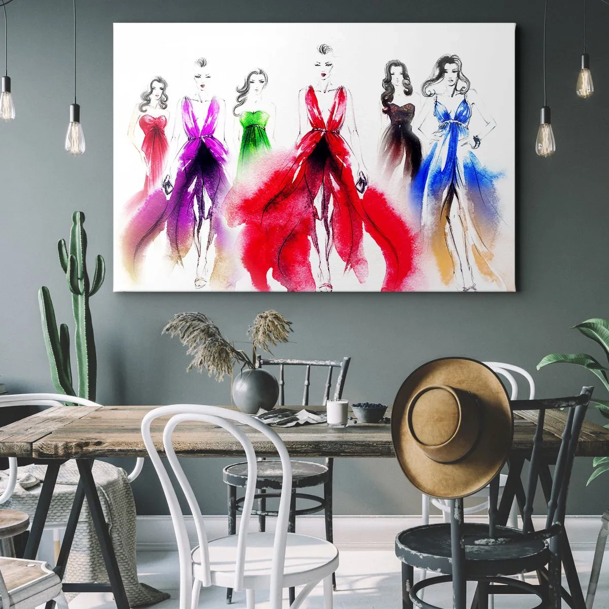 Cuadro sobre lienzo - Impresión de Imagen - Ilustración de moda con modelos con vestidos coloridos. - 70x50cm - Momento elegante - Decoración de pared moderna para salón y dormitorio ARTTOR