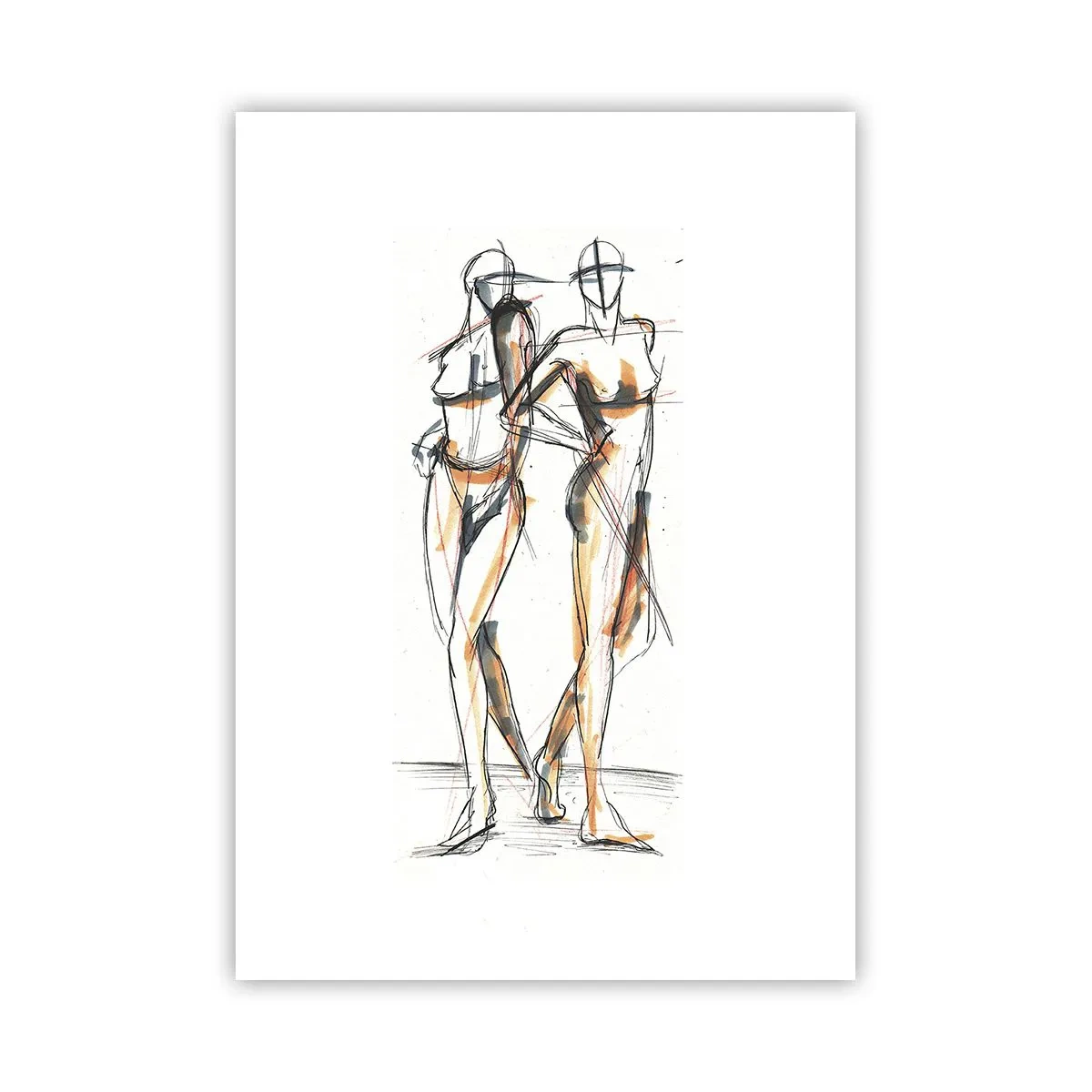 Póster - Boceto abstracto de dos figuras en colores cálidos. - 50x70cm - Un estudio sobre el encanto - Decoración de pared moderna para salón y dormitorio ARTTOR