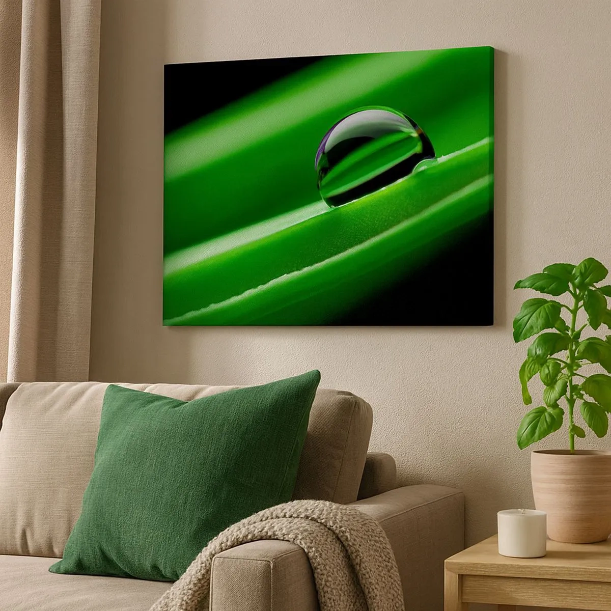 Cuadro sobre lienzo - Impresión de Imagen - Primer plano de una gota de rocío sobre una hoja verde - 70x50cm - La vida de cerca - Decoración de pared moderna para salón y dormitorio ARTTOR
