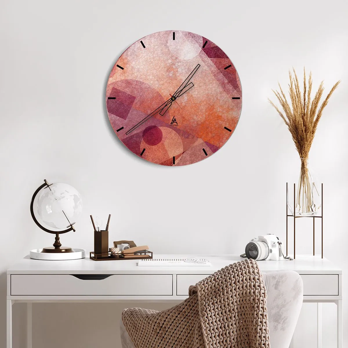 Reloj de pared - Reloj de vidrio - Patrones geométricos en tonos rosa y naranja. - 30x30cm - Transformaciones geométricas en rosa - Decoración de pared moderna para salón, cocina y dormitorio ARTTOR