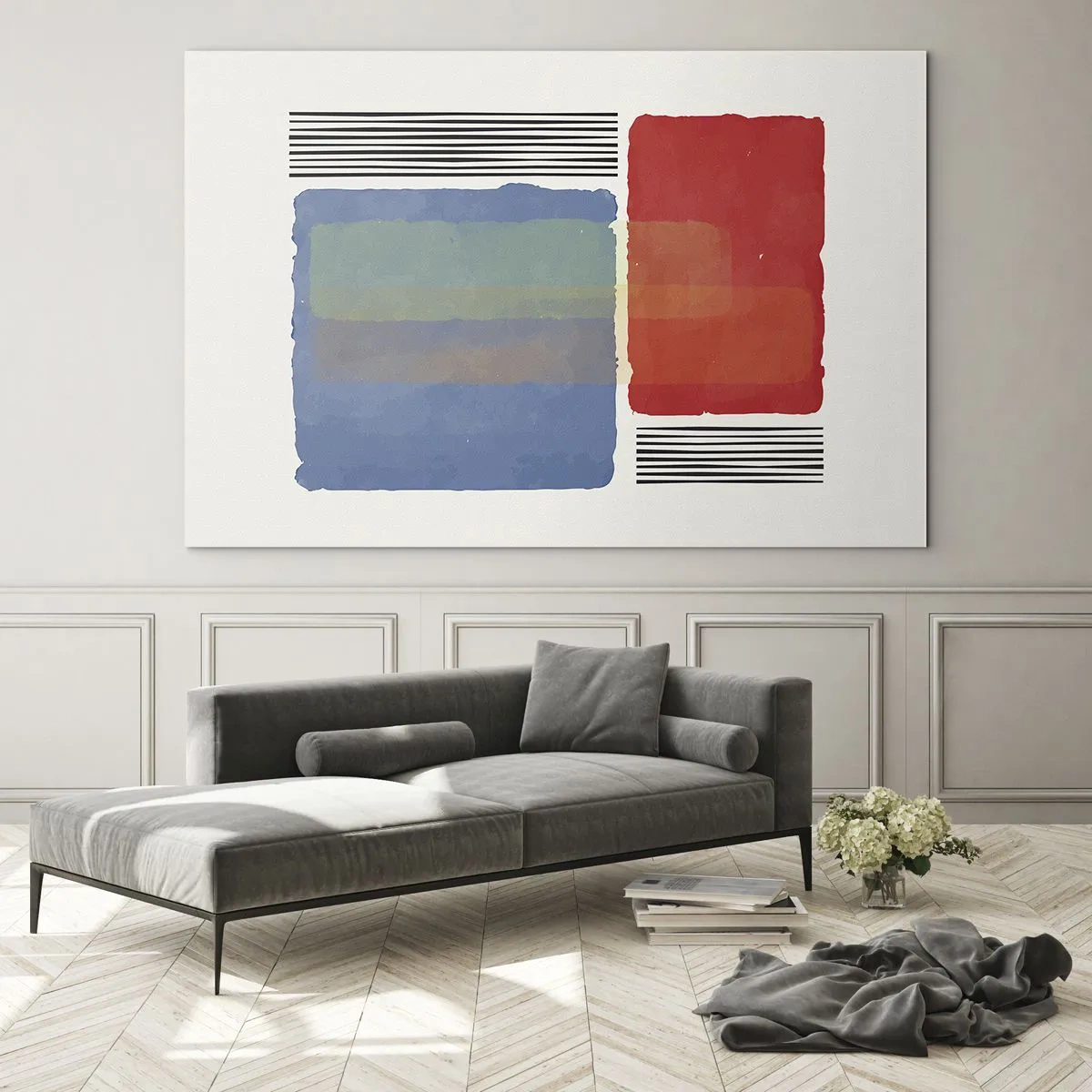 Cuadro sobre vidrio - Impresiones sobre Vidrio - Composición geométrica con rectángulos rojos y azules. - 70x50cm - Espíritu y alma de la geometría - Decoración de pared moderna para salón y dormitorio ARTTOR