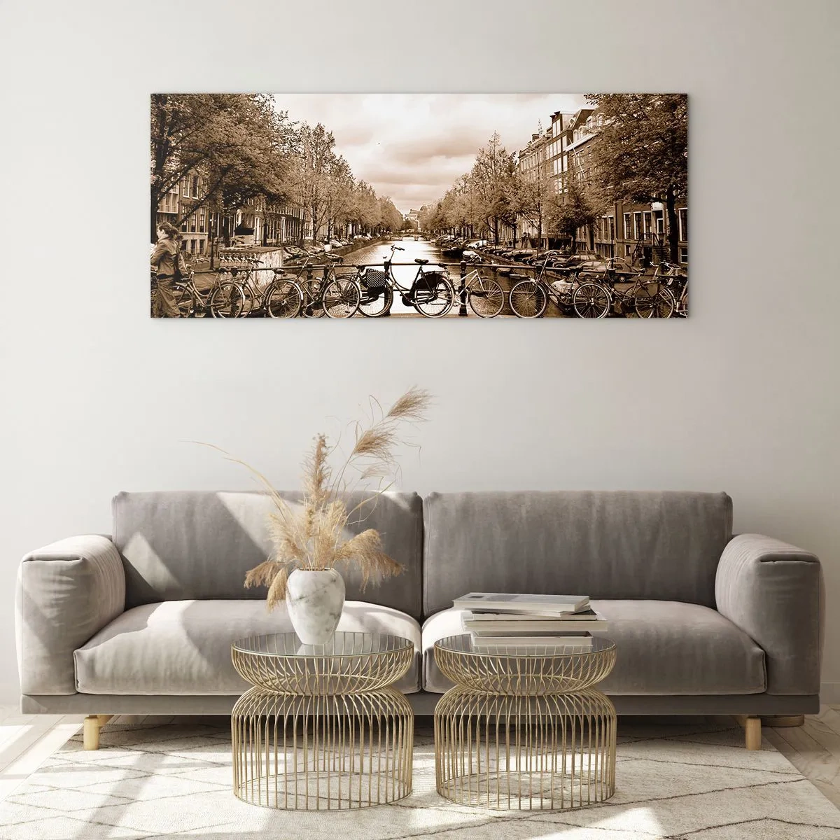 Cuadro sobre vidrio - Impresiones sobre Vidrio - Puente para bicicletas sobre el canal en sepia - 160x50cm - Holanda solo hay una - Decoración de pared moderna para salón y dormitorio ARTTOR