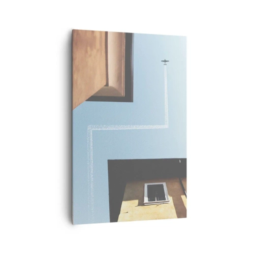 Cuadro sobre lienzo - Impresión de Imagen - Vista del avión y su estela en el cielo desde una perspectiva callejera. - 80x120cm - Por encima del laberinto urbano - Decoración de pared moderna para salón y dormitorio ARTTOR